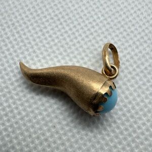 Antique 10K Yellow Gold Turquoise Italian Horn Cornicello Luck Pendant Read!!
